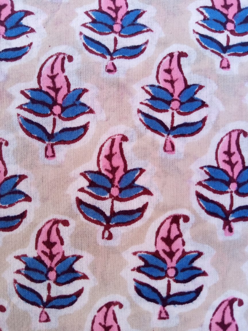 Beige with Pink & Blue Buti Hand Block Printed Pure Cotton Fabric - JBR67