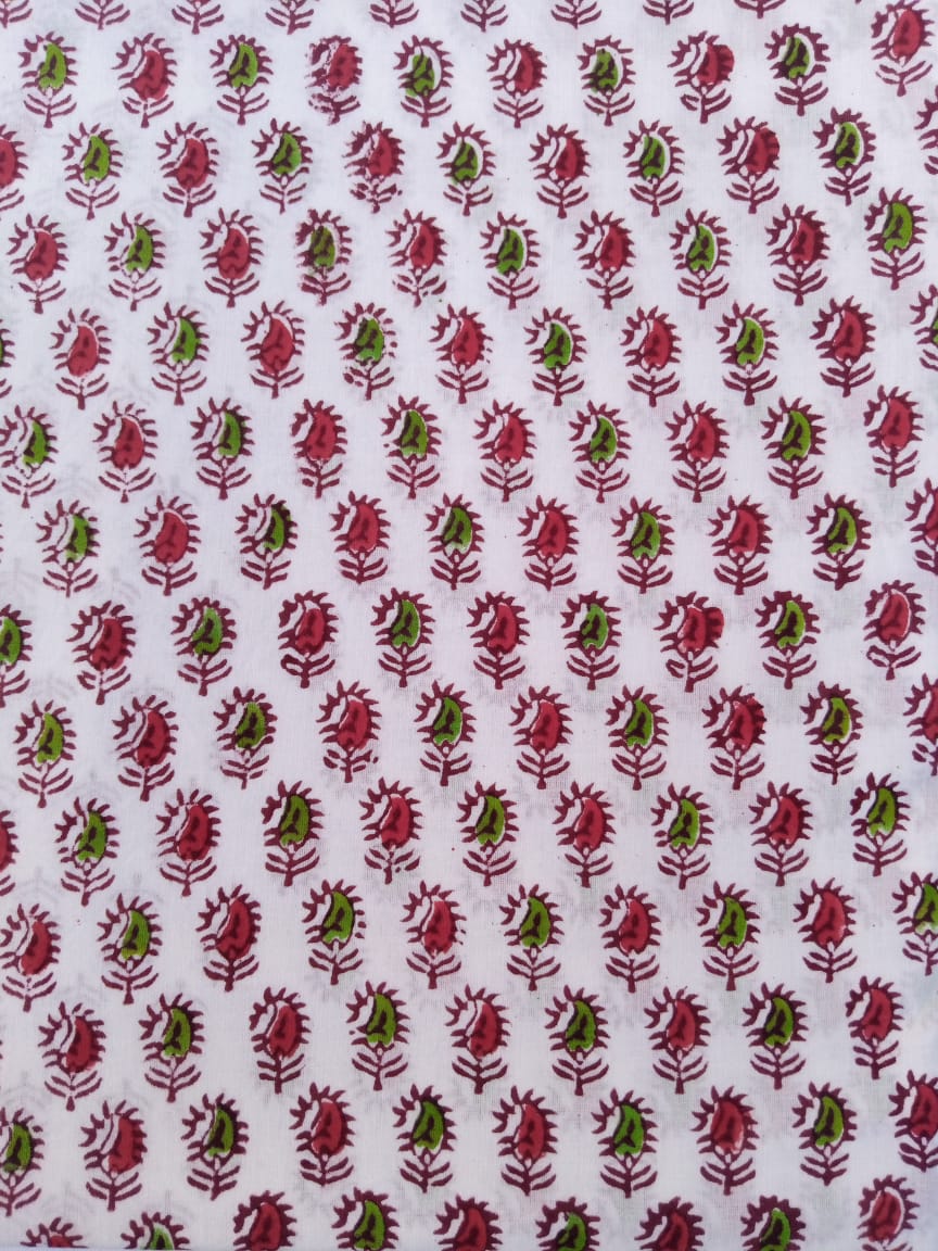 White Base Red &amp; Green Small Buti Hand Block Printed Pure Cotton Fabric - JBR74