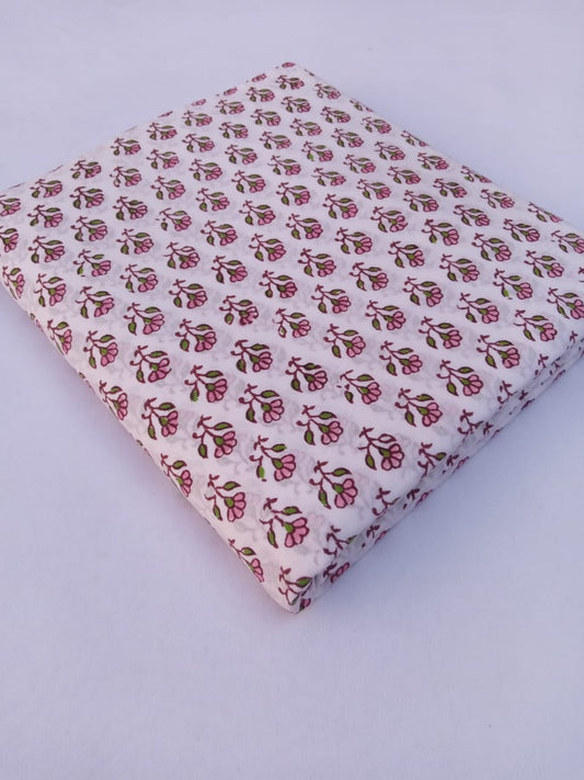 White Base Pink & Green Buti Hand Block Printed Pure Cotton Fabric - JBR70