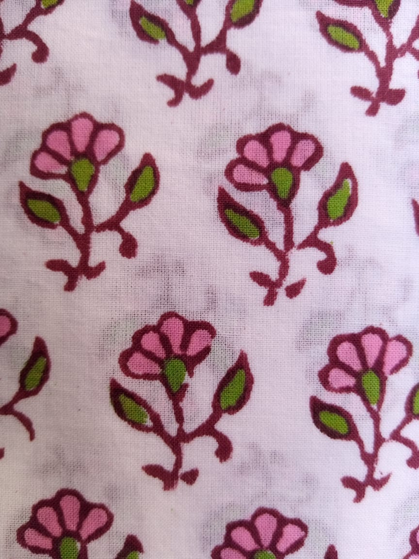 White Base Pink & Green Buti Hand Block Printed Pure Cotton Fabric - JBR70