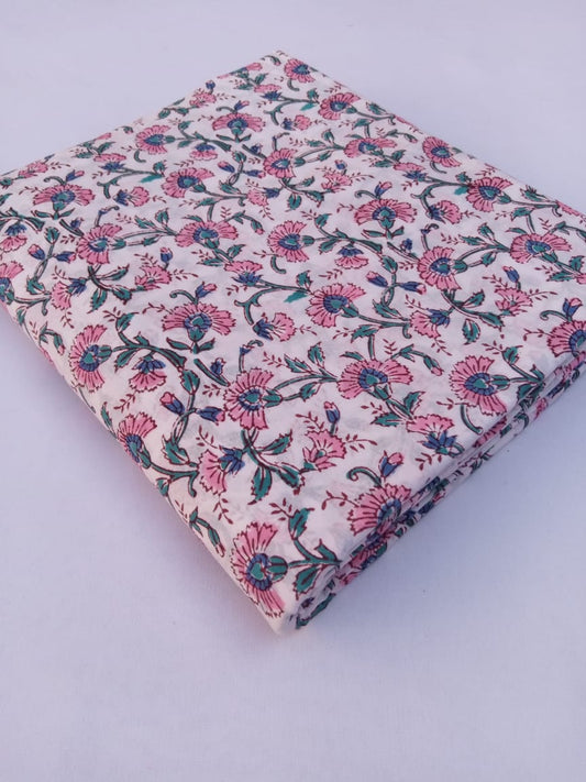 White Base Pink & Sea Green Ditsy Pattern Hand Block Printed Pure Cotton Fabric - JBR71