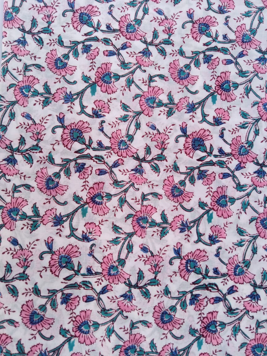 White Base Pink & Sea Green Ditsy Pattern Hand Block Printed Pure Cotton Fabric - JBR71