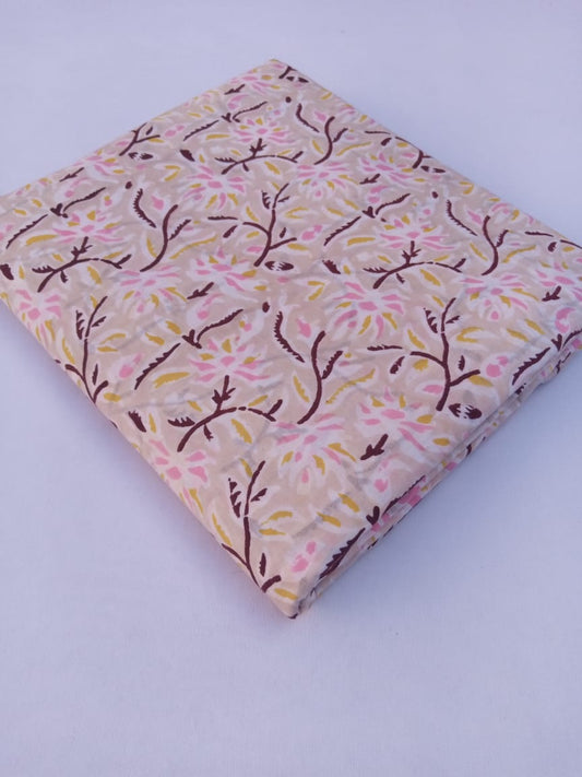 Light Beige Scroll Pattern Hand Block Printed Pure Cotton Fabric - JBR72