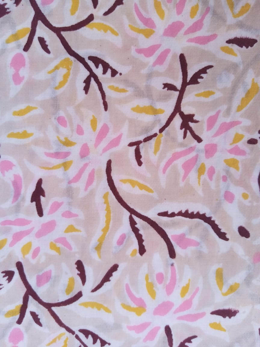 Light Beige Scroll Pattern Hand Block Printed Pure Cotton Fabric - JBR72