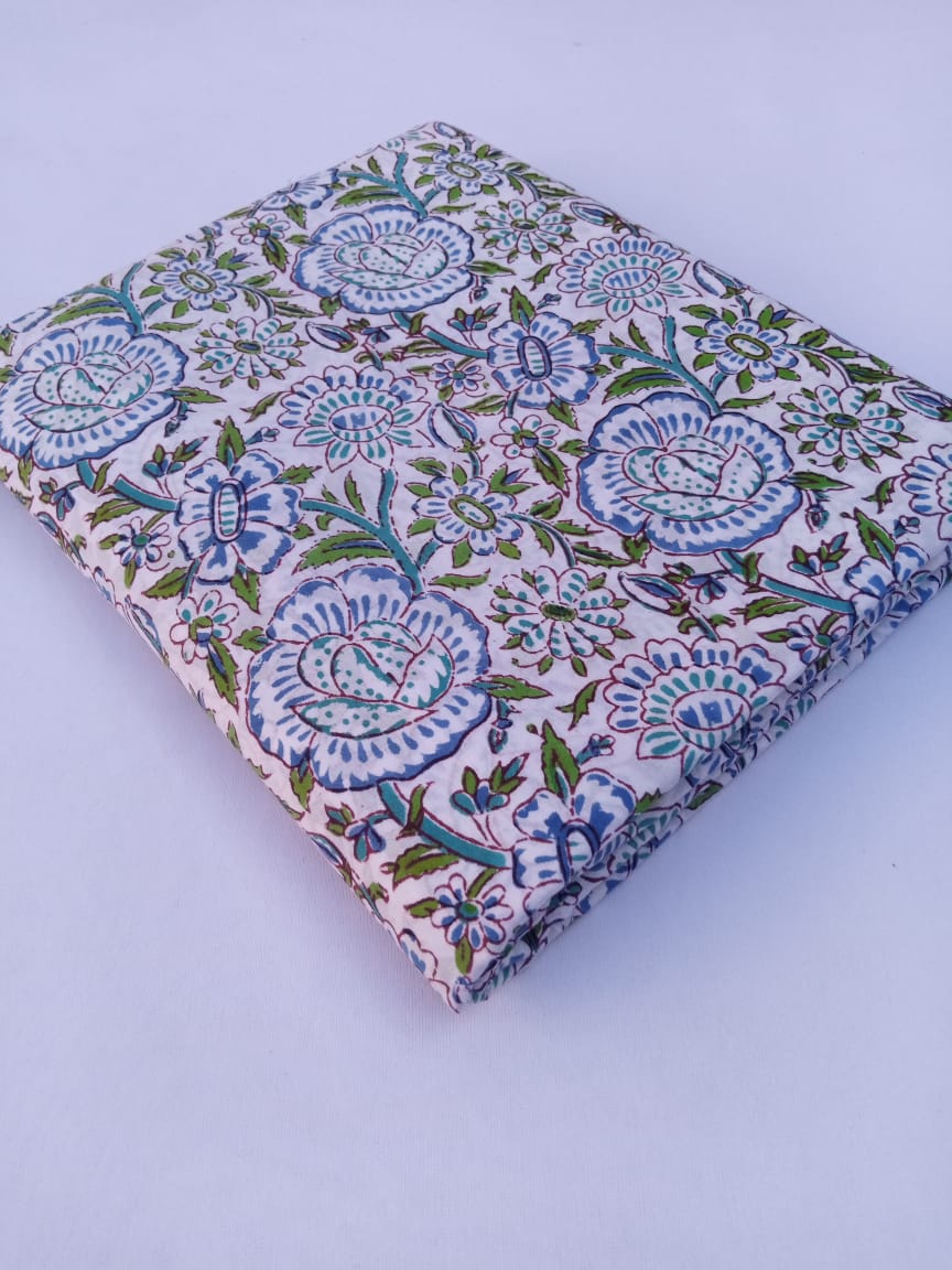 White Base Kalamkari Floral Print Hand Block Printed Pure Cotton Fabric - JBR73