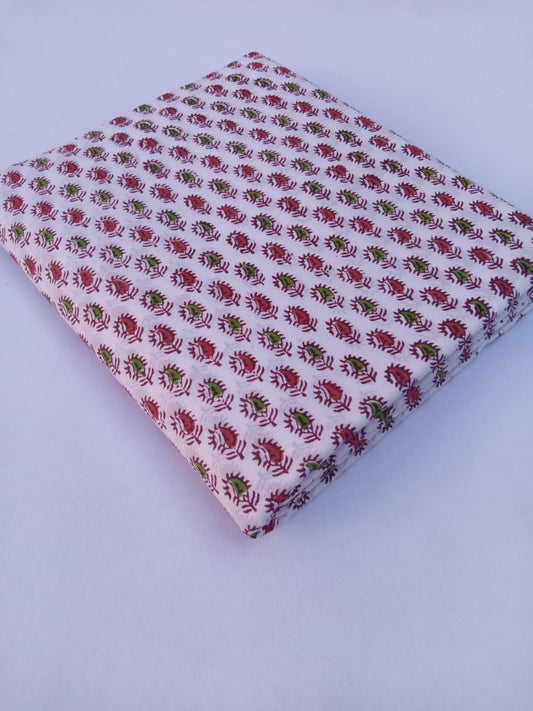 White Base Red &amp; Green Small Buti Hand Block Printed Pure Cotton Fabric - JBR74