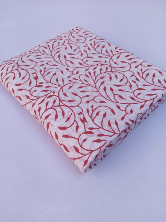 Red White Base Scroll Pattern Hand Block Printed Pure Cotton Fabric - JBR75