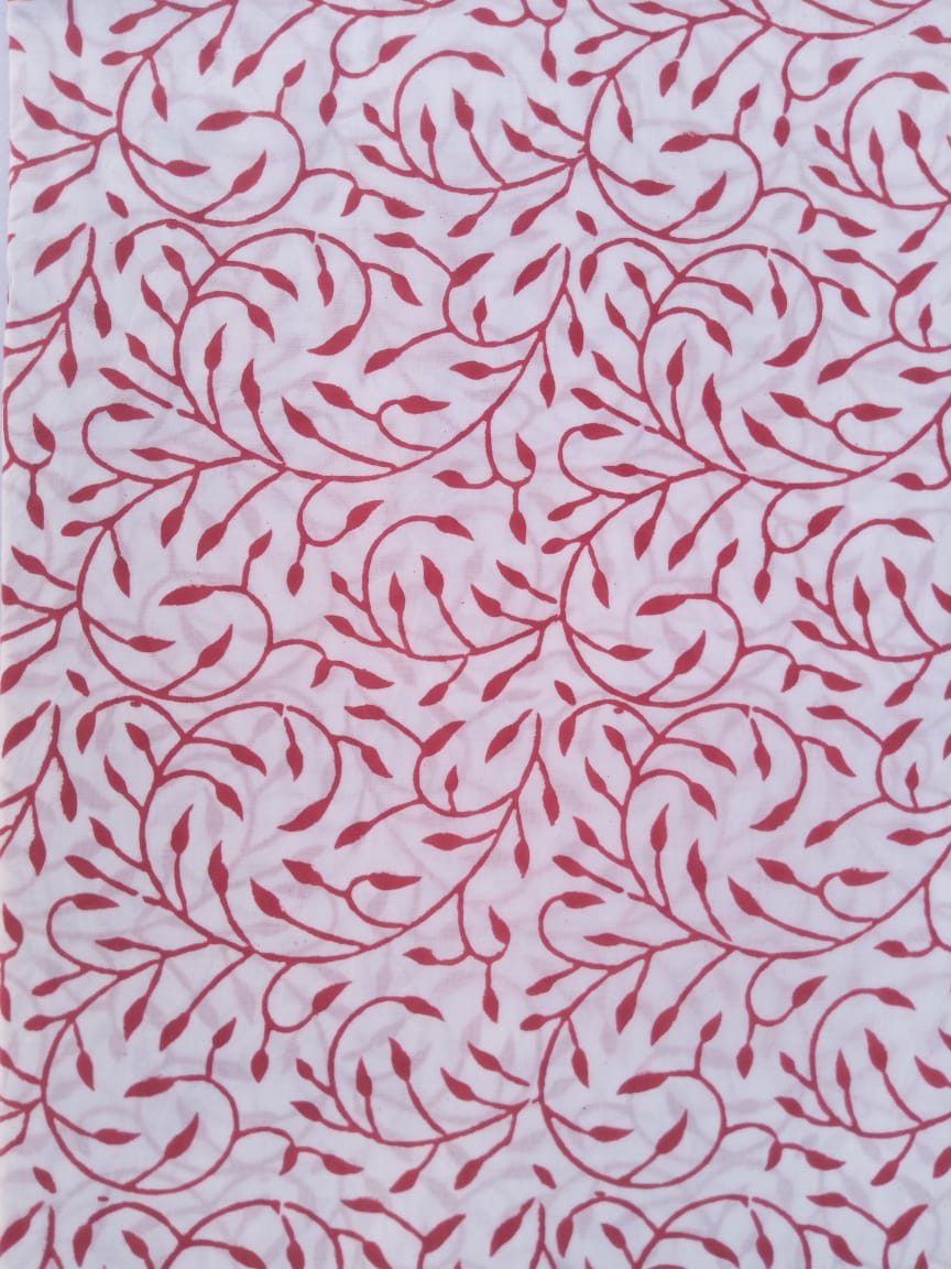 Red White Base Scroll Pattern Hand Block Printed Pure Cotton Fabric - JBR75