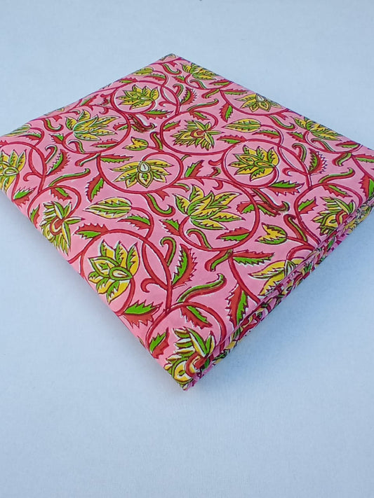 Pink with Yellow & Green Kalamkari Floral Hand Block Printed Pure Cotton Fabric - JBR69