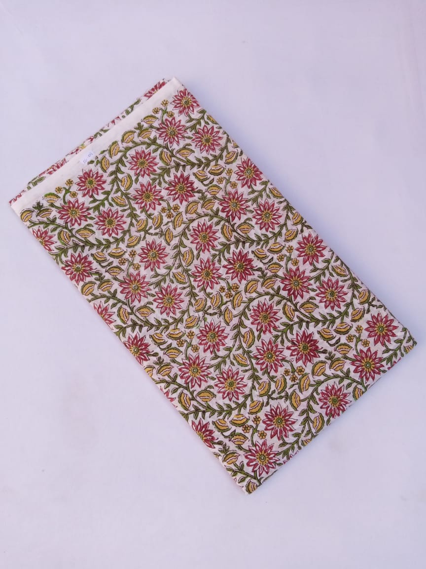 White Base Multi Colored Floral Kalamkari Print Pure Cotton Hand Block Fabric - JBR62