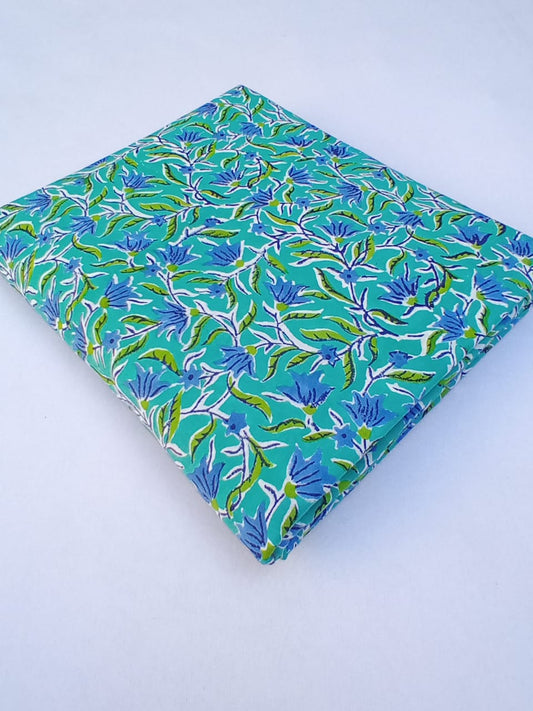Sea Green with Blue Florals Pure Cotton Hand Block Printed Fabric - JBR63