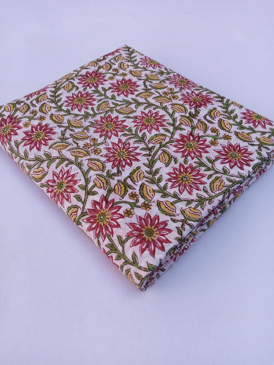 White Base Multi Colored Floral Kalamkari Print Pure Cotton Hand Block Fabric - JBR62