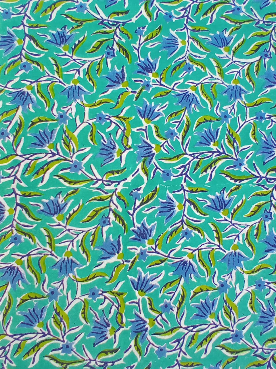 Sea Green with Blue Florals Pure Cotton Hand Block Printed Fabric - JBR63