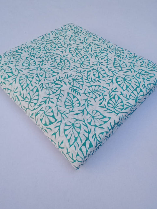 White Base Sea Green Floral Leaves Print Pure Cotton Hand Block Printed Fabric - JBR61
