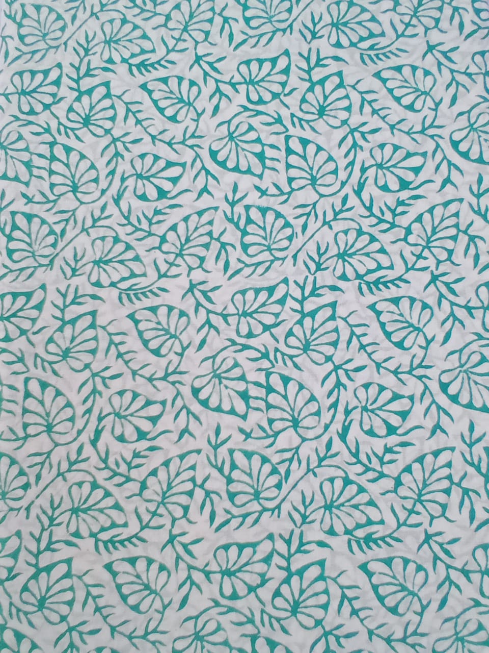 White Base Sea Green Floral Leaves Print Pure Cotton Hand Block Printed Fabric - JBR61