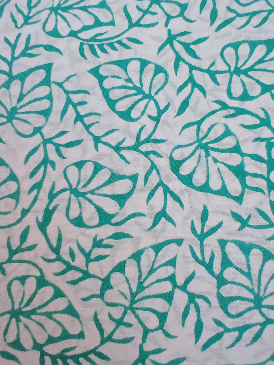 White Base Sea Green Floral Leaves Print Pure Cotton Hand Block Printed Fabric - JBR61