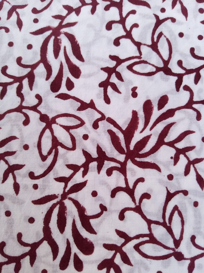 White Base Maroon Scroll Pattern Pure Cotton Hand Block Printed Fabric - JBR60