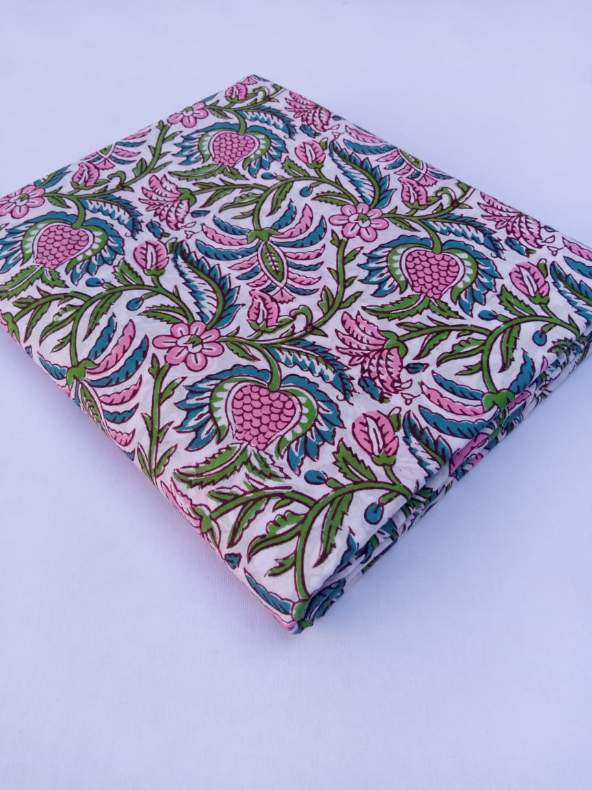 White Base Multi Colored Floral Kalamkari Jaal Hand Block Printed Pure Cotton Fabric - JBR64