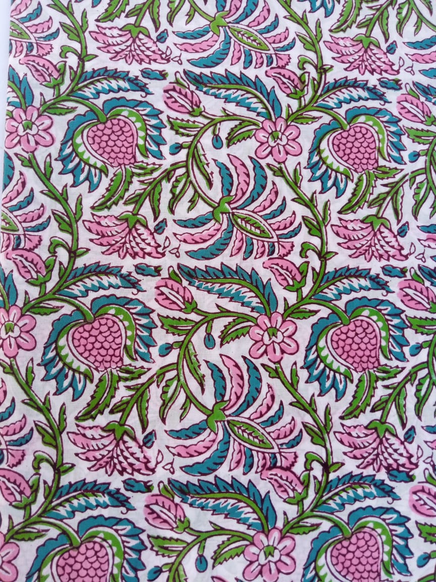 White Base Multi Colored Floral Kalamkari Jaal Hand Block Printed Pure Cotton Fabric - JBR64