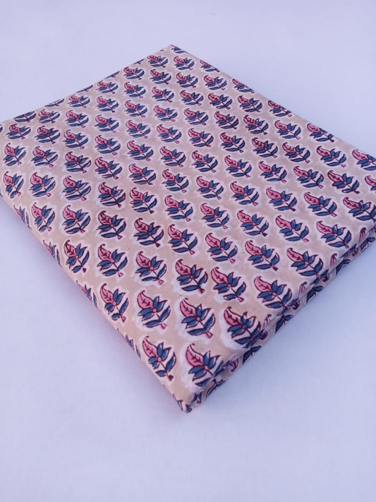 Beige with Pink & Blue Buti Hand Block Printed Pure Cotton Fabric - JBR67