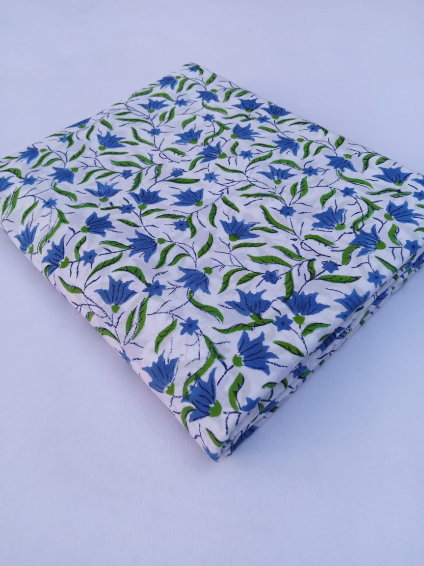 White Base Blue & Green Kalamkari Pattern Pure Cotton Hand Block Printed Fabric - JBR65