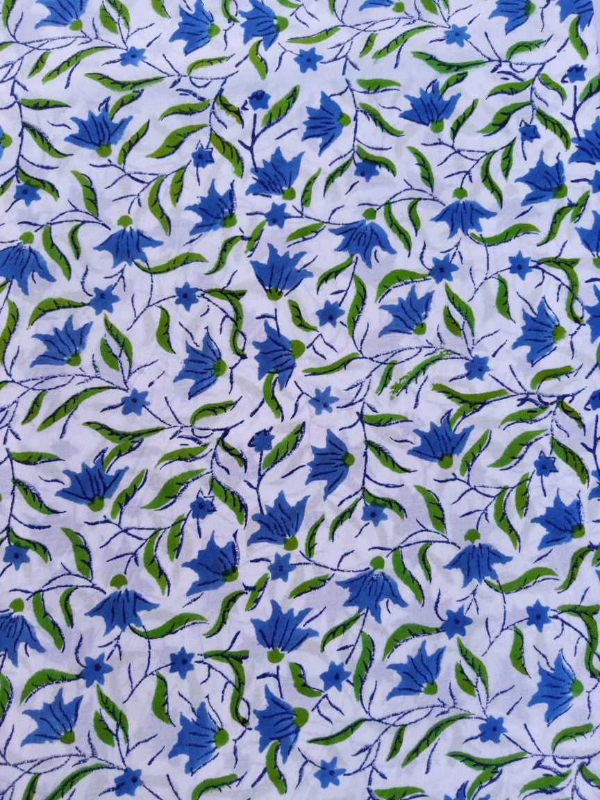 White Base Blue & Green Kalamkari Pattern Pure Cotton Hand Block Printed Fabric - JBR65