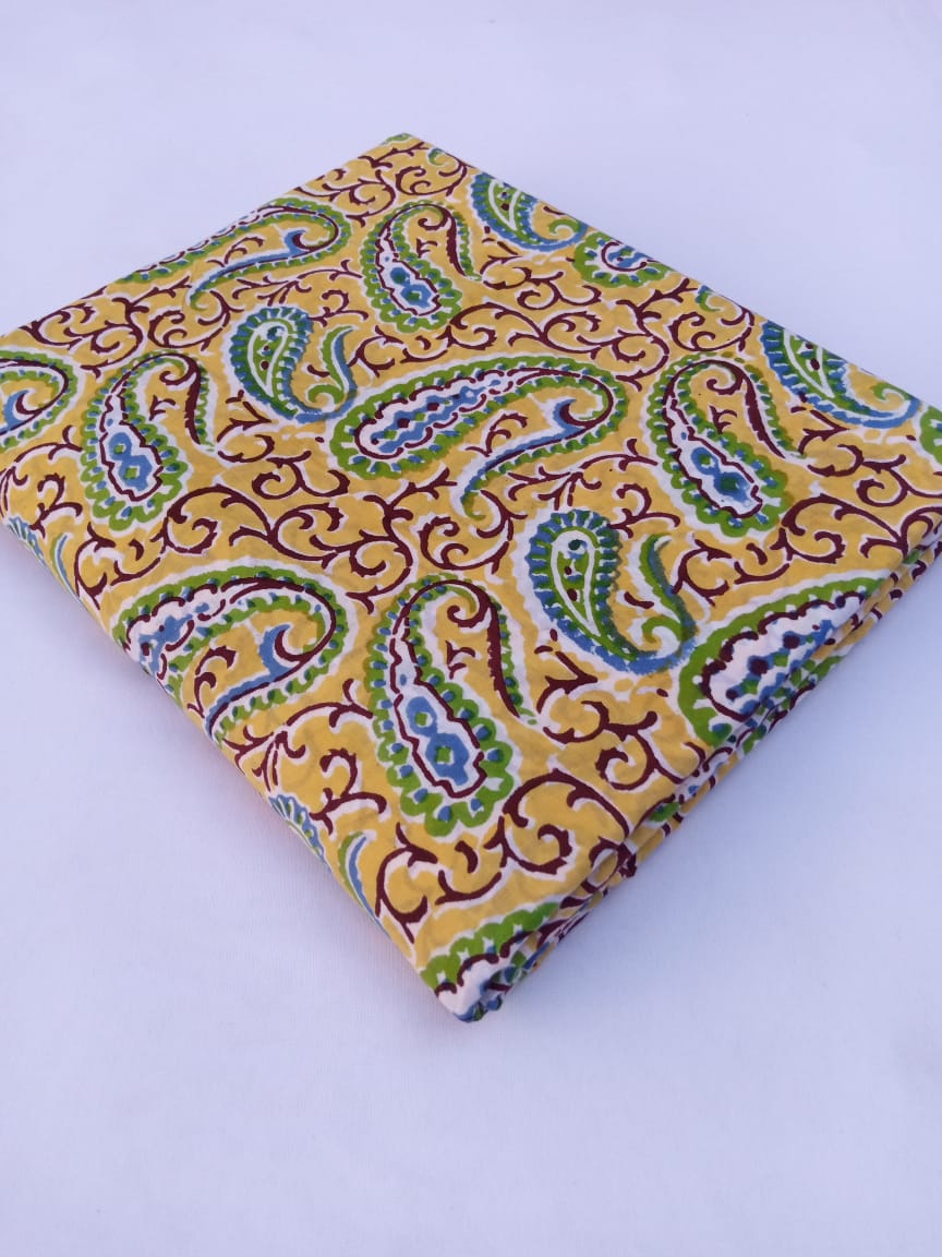 Yellow with Blue &amp; Green Paisley Pattern Hand Block Printed Pure Cotton Fabric - JBR54