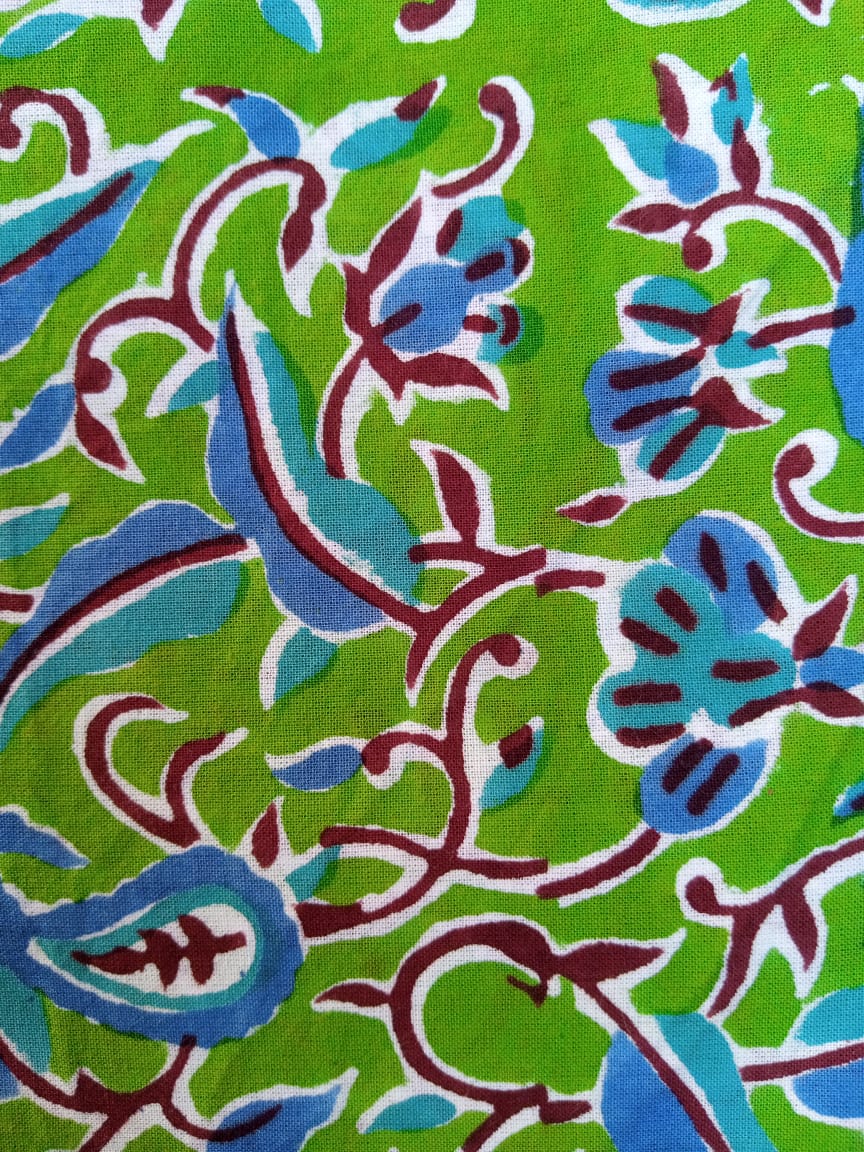 Green with Blue Floral Pure Cotton Hand Block Printed Fabric - JBR53