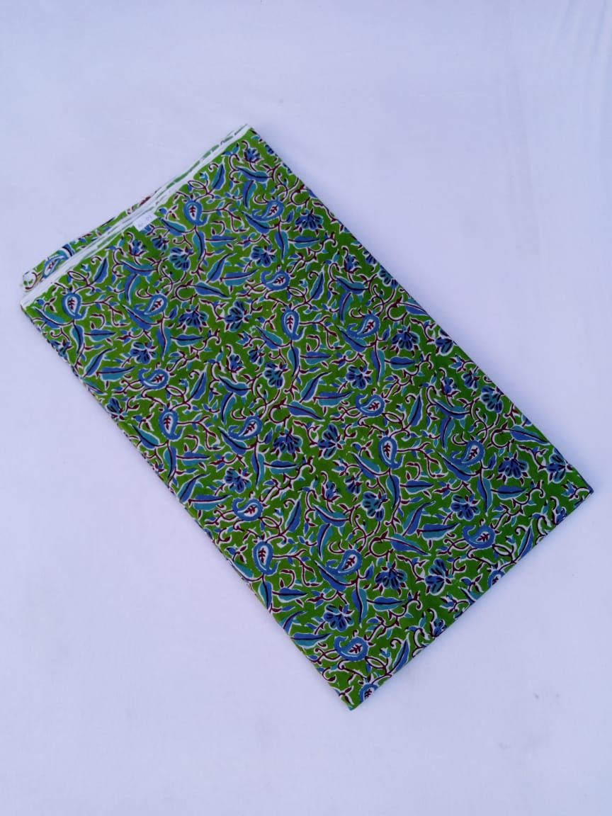 Green with Blue Floral Pure Cotton Hand Block Printed Fabric - JBR53