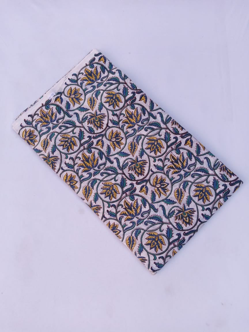 White Base Blue & Yellow Kalamkari Hand Block Printed Pure Cotton Fabric - JBR52