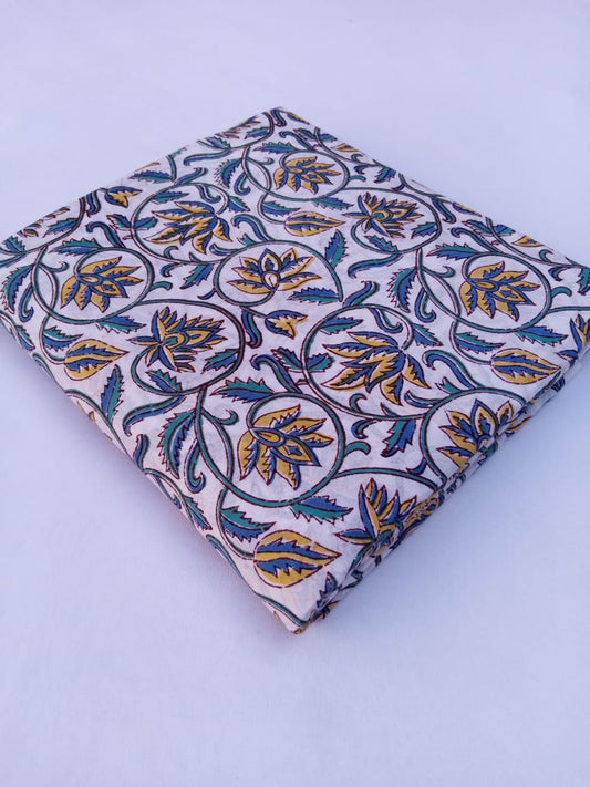 White Base Blue & Yellow Kalamkari Hand Block Printed Pure Cotton Fabric - JBR52