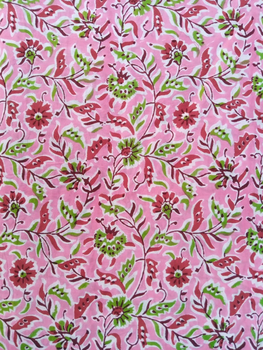 Pink with Multi Color Kalamkari Fabric Pure Cotton Hand Block Printed - JBR56