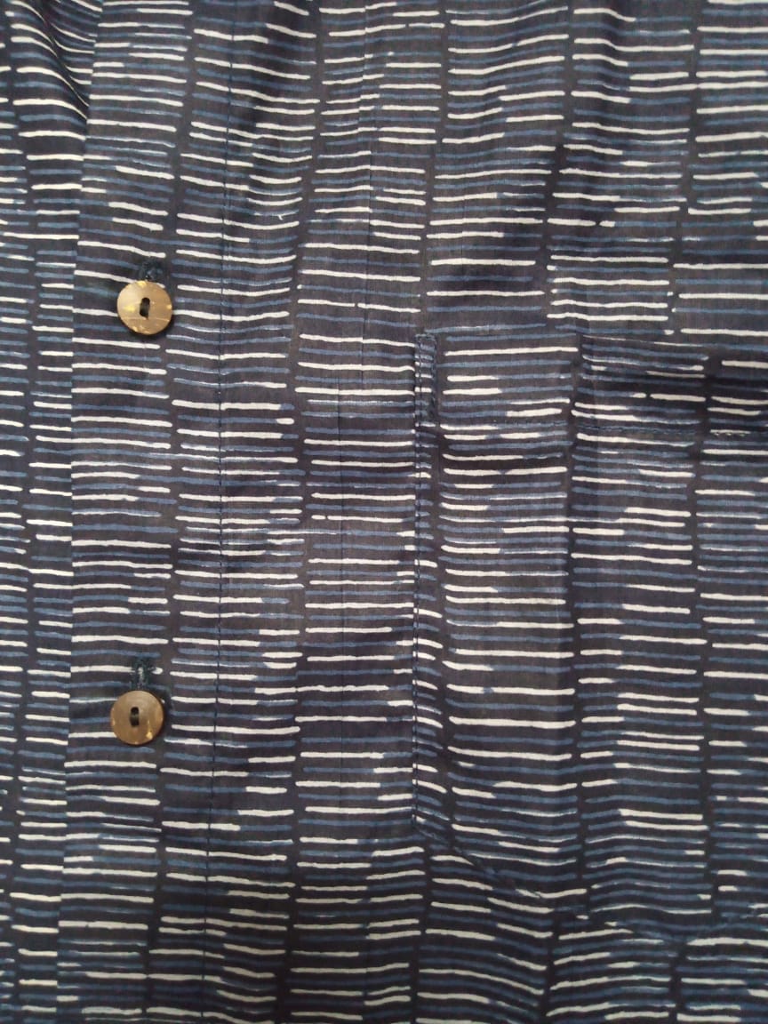 Indigo Blue Stripes Pattern Men's Full Sleeve Hand Block Printed Cotton Shirt - JBSH04