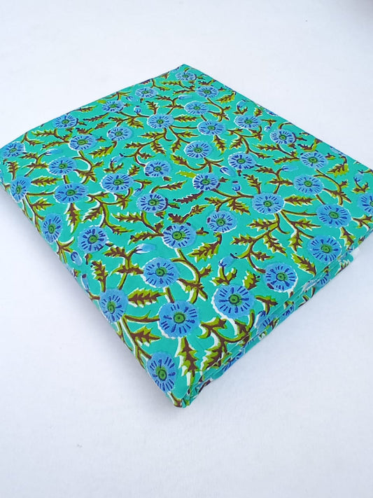 Sea Green with Blue Florals Pure Cotton Hand Block Printed Fabric - JBR59