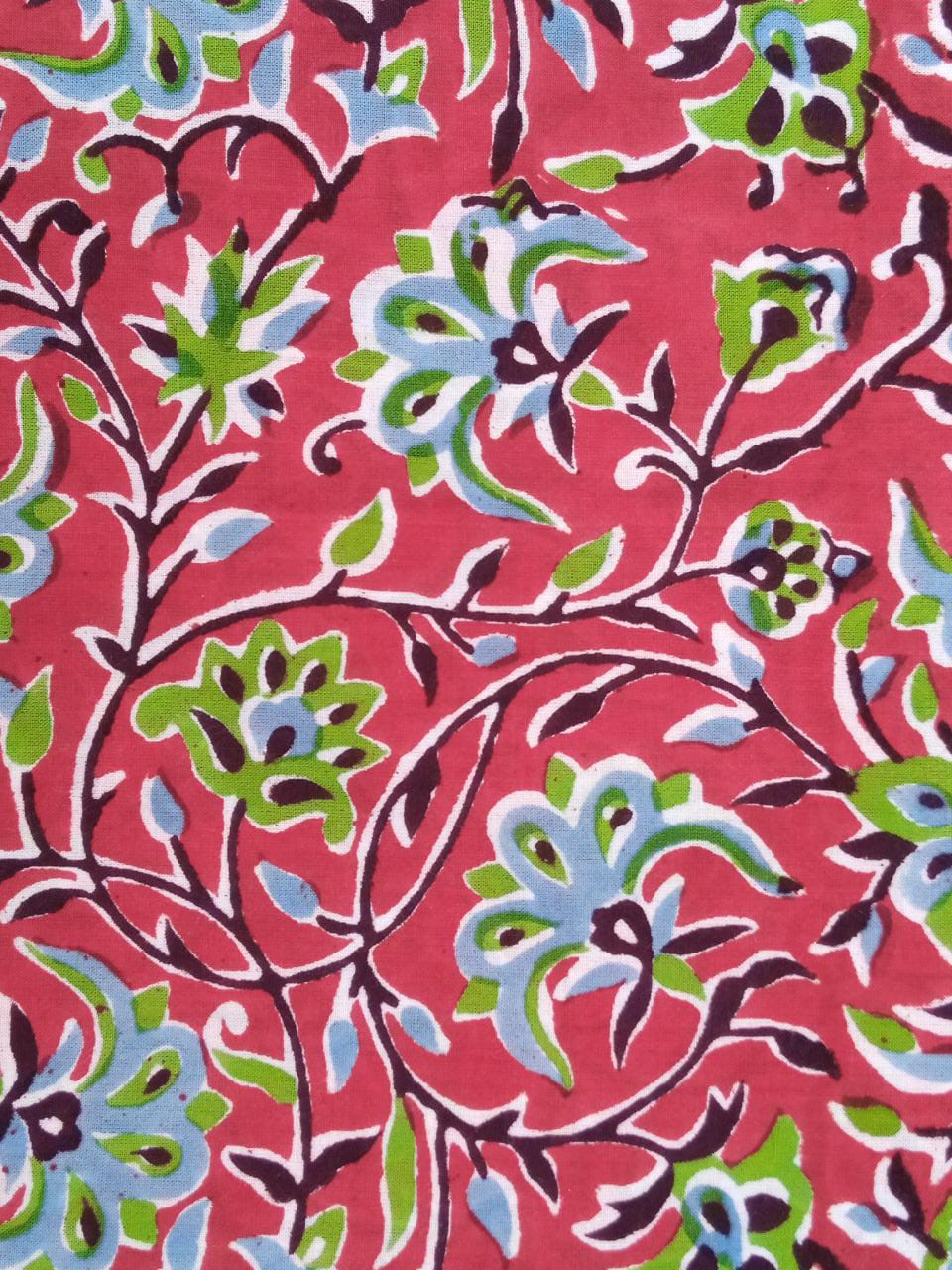 Red Floral Kalamkari Pure Cotton Hand Block Printed Fabric - JBR58
