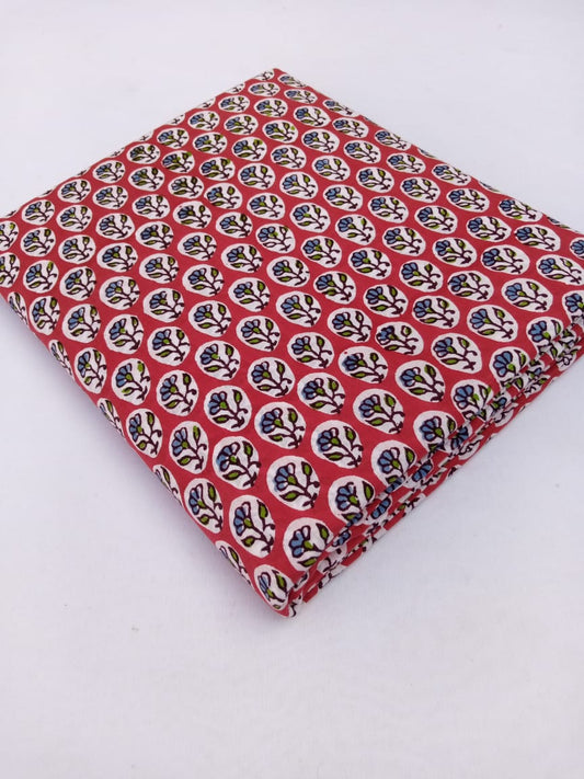 Red with Green & Blue Small Buti Hand Block Printed Pure Cotton Fabric - JBR45
