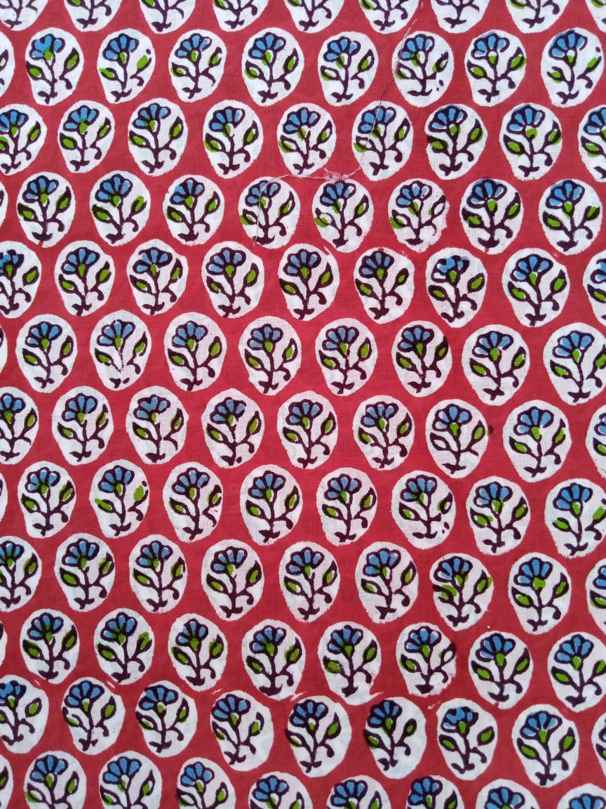 Red with Green & Blue Small Buti Hand Block Printed Pure Cotton Fabric - JBR45
