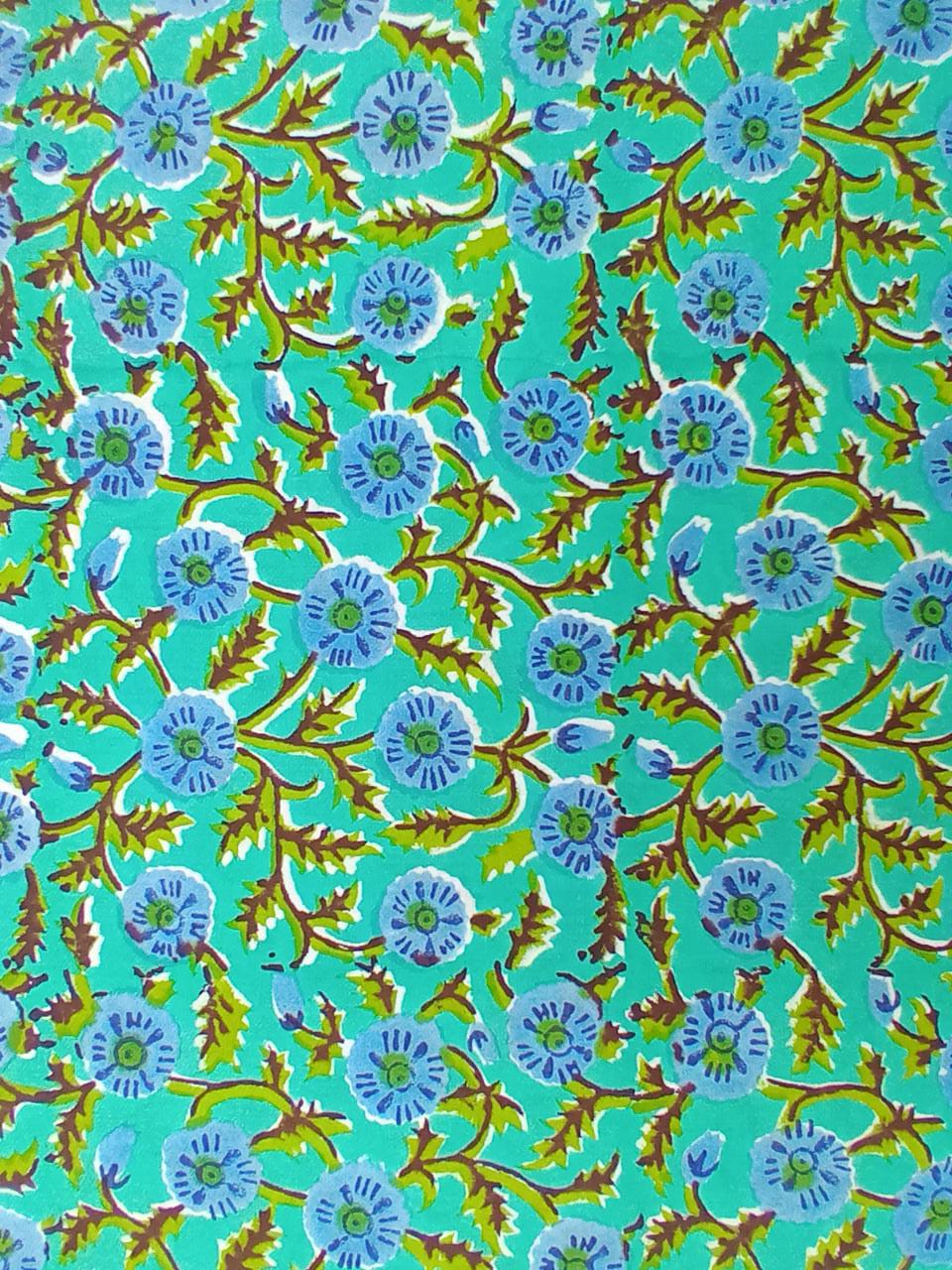 Sea Green with Blue Florals Pure Cotton Hand Block Printed Fabric - JBR59