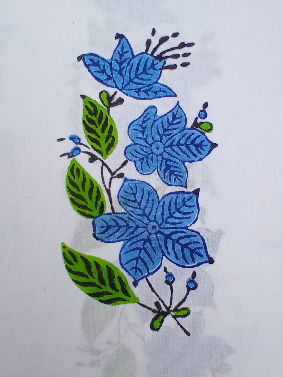 White Base Blue & Green Mughal Buta Pure Cotton Hand Block Printed Fabric - JBR57