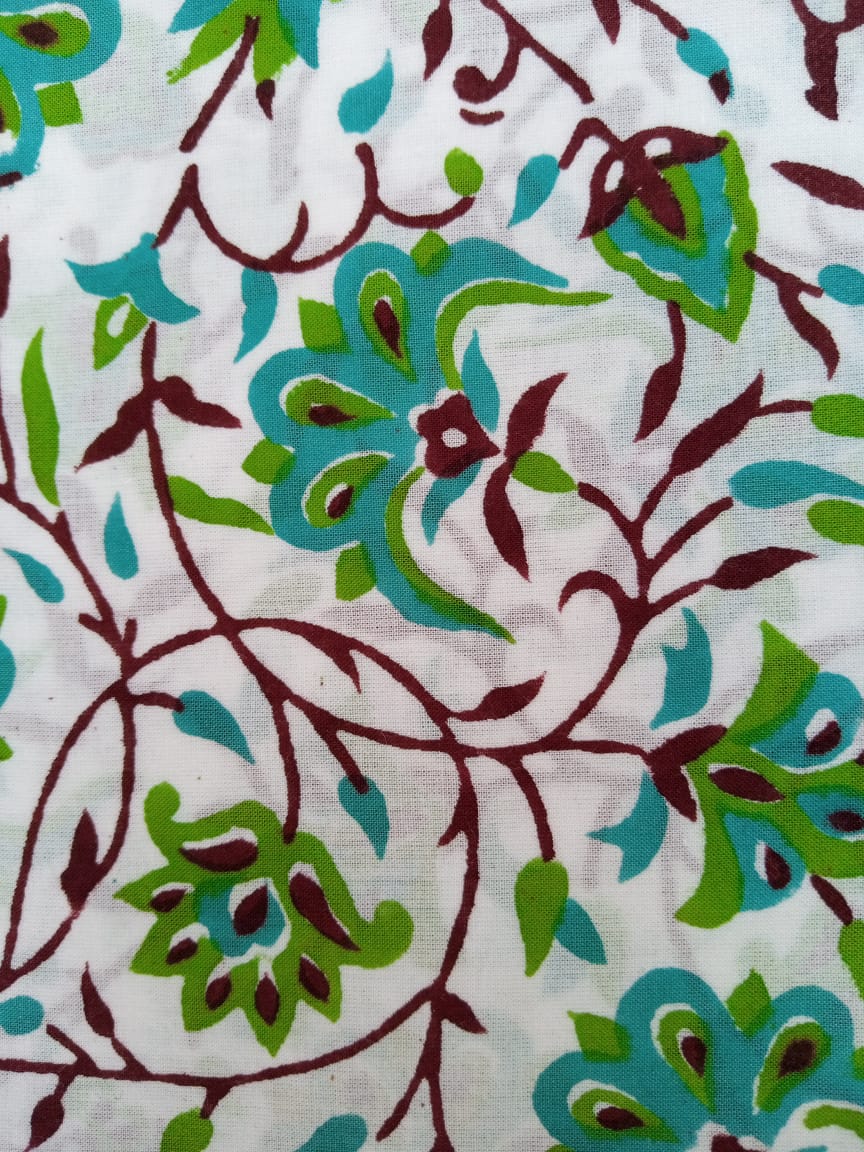 Sea Green White Base Kalamkari Print Hand Block Pure Cotton Fabric - JBR48