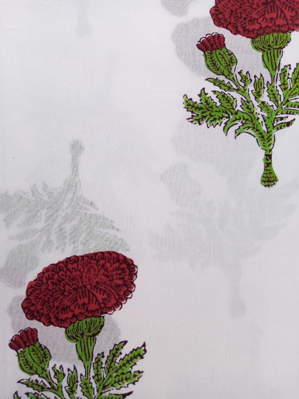 Red & Green Floral Buta Print Hand Block Pure Cotton Running Fabric - JBR01