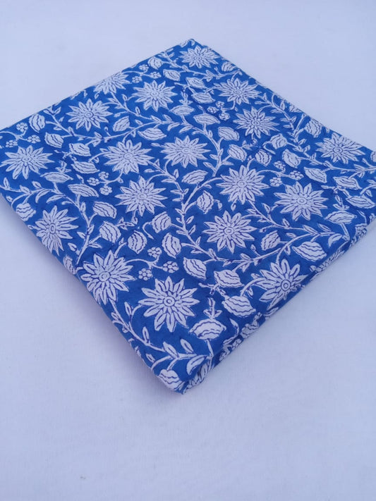 Blue Floral Print Hand Block Pure Cotton Fabric - JBR47