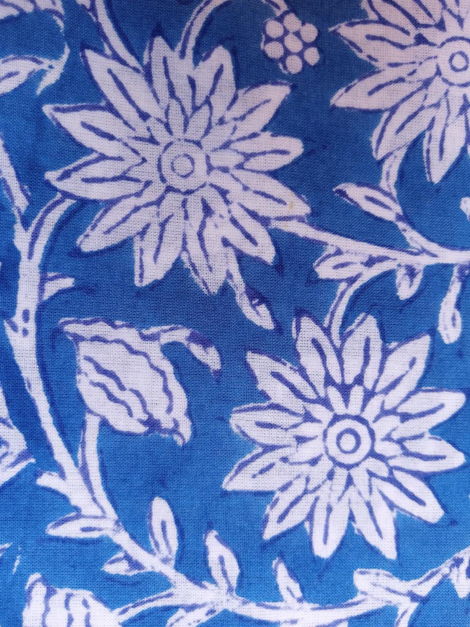 Blue Floral Print Hand Block Pure Cotton Fabric - JBR47