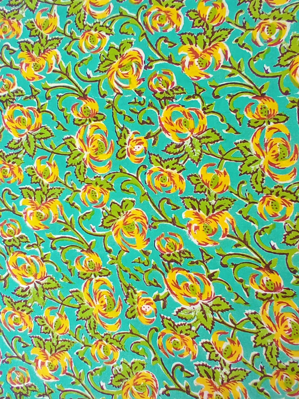 Sea Green Multi Colored Floral Pattern Hand Block Printed Pure Cotton Fabric - JBR46