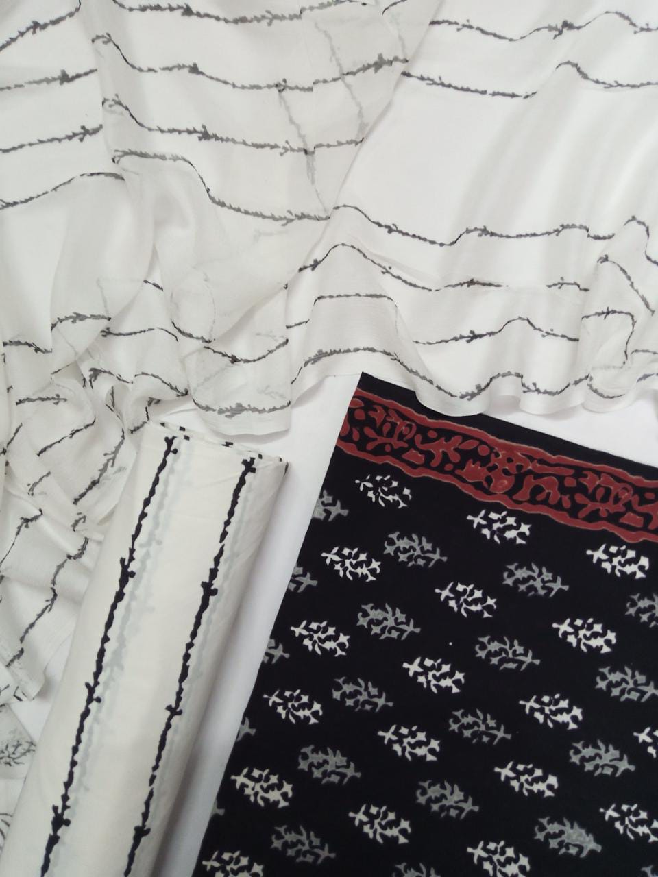 Black & White Hand Block Printed Unstitched Pure Cotton Suit with Chiffon Dupatta - JB76