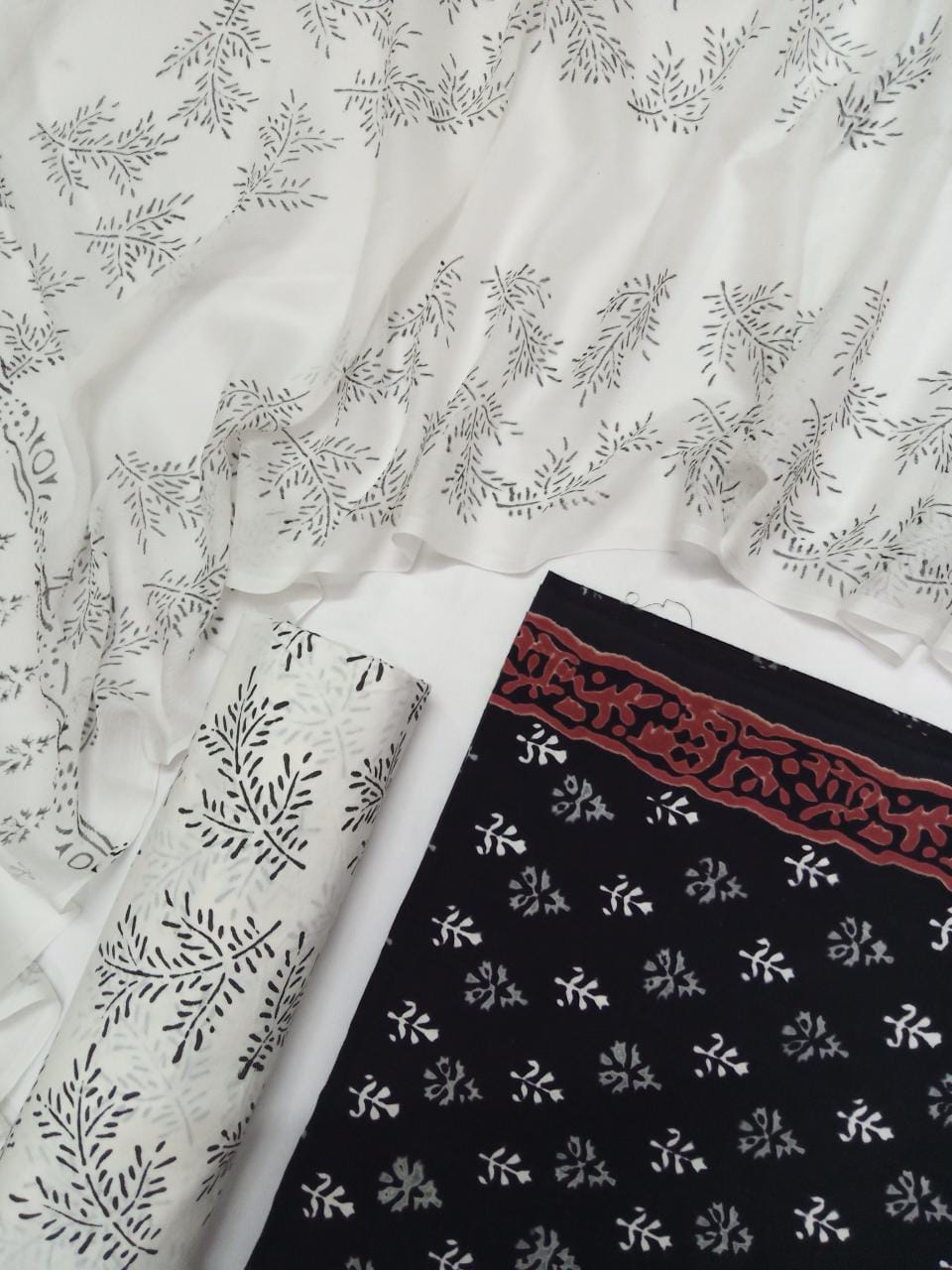 Black & White Small Buti Hand Block Printed Unstitched Pure Cotton Suit with Chiffon Dupatta - JB78