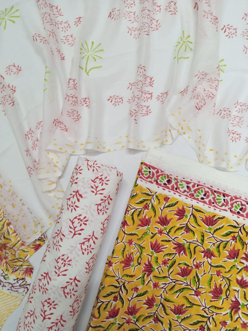 Yellow with Red Florals Hand Block Printed Pure Cotton Unstitched Suit with Chiffon Dupatta - JB70
