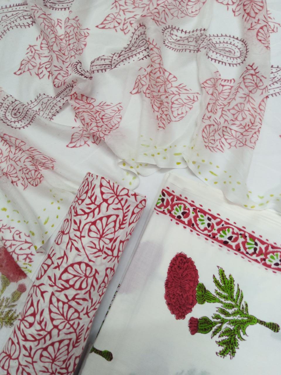White Base Red and Green Floral Hand Block Printed Pure Cotton Unstitched Suit with Chiffon Dupatta - JB69