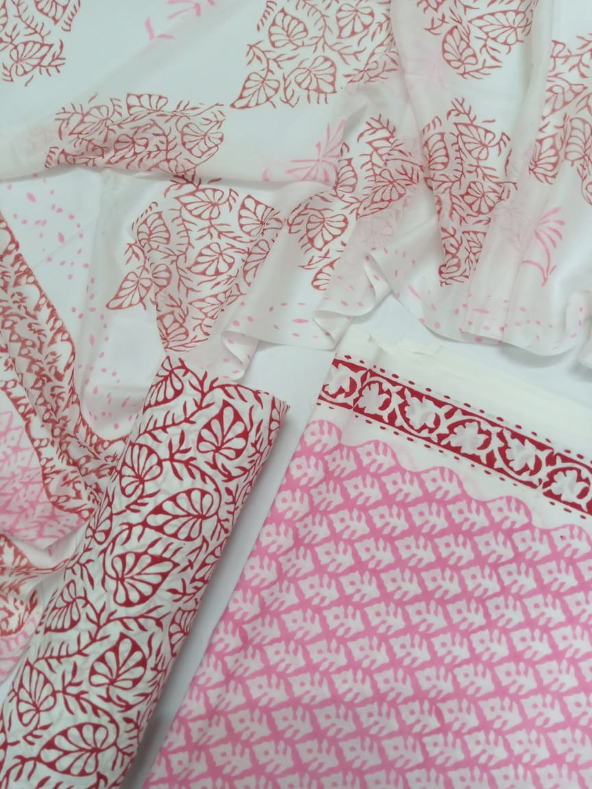 Pink Small Buti Hand Block Printed Pure Cotton Unstitched Salwar Suit with Chiffon Dupatta - JB32