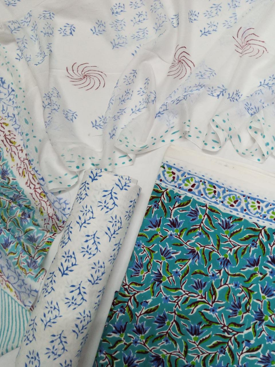 Sea Green with Blue Florals Hand Block Printed Pure Cotton Unstitched Salwar Suit with Chiffon Dupatta - JB34
